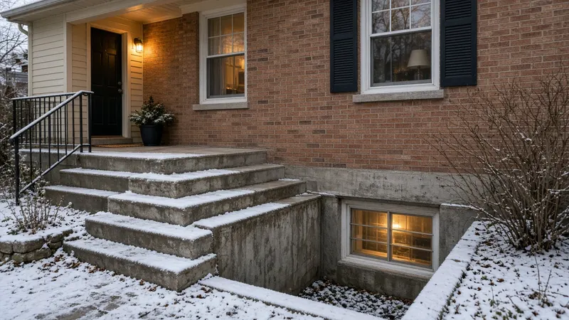 Brick home with concrete front steps and a lit basement window well dusted with light snow