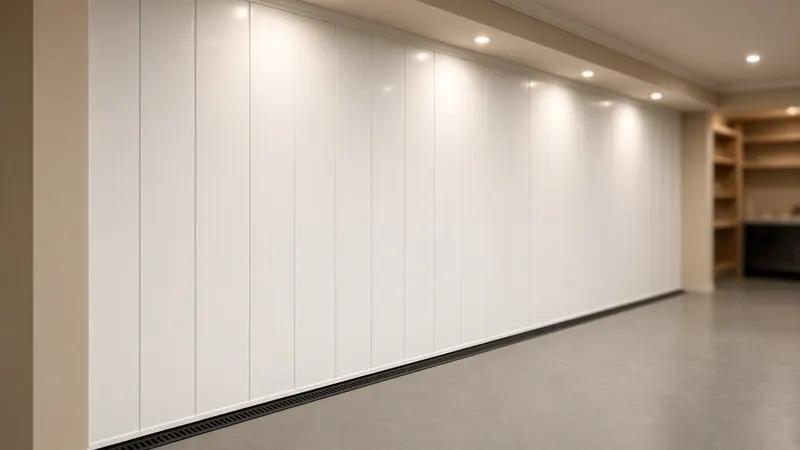 Finished basement wall covered in smooth white wall panels above a drain channel along the floor edge