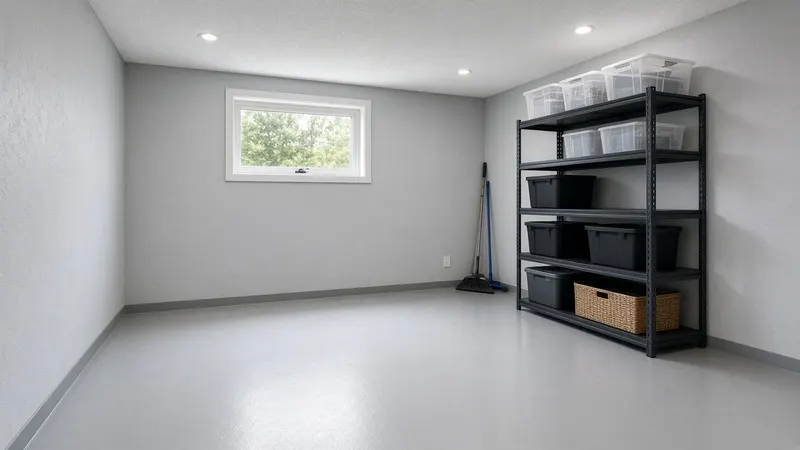 Clean, dry finished basement storage room with metal shelving, storage bins and a small window