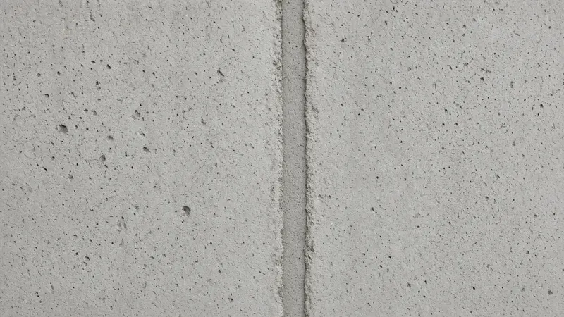 Close view of a sealed crack line running down a poured concrete wall