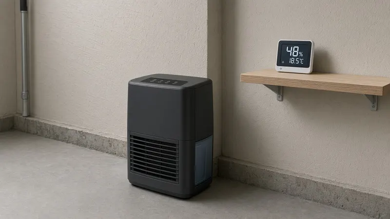 Dehumidifier on a basement floor beside a wall shelf holding a digital humidity monitor