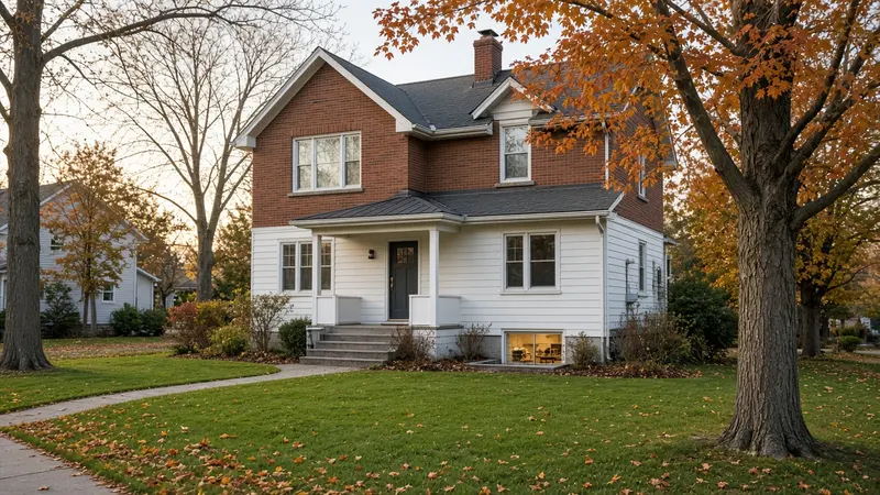Brick and white siding home in autumn with orange leaves on the trees and a warmly lit basement window at ground level