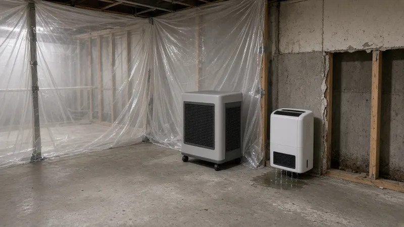 Basement work area enclosed in clear plastic containment sheeting with an air scrubber, a dehumidifier and drywall cut away from the wall