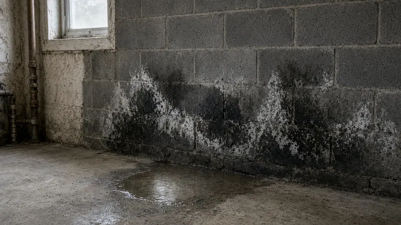 Damp concrete block basement wall with white efflorescence staining and a puddle of water on the floor